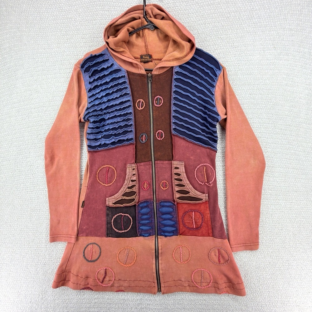 Rising International Patchwork Hoodie‎ Womens Medium Long Full Zip Boho Festival
